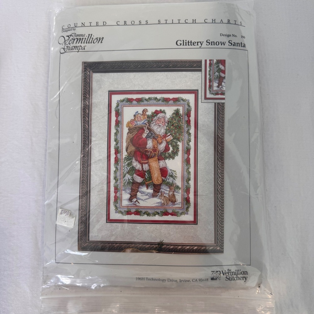 Vermillion Stitchery Cross Stitch Chart/Cloth Snow Santa 196 Vintage